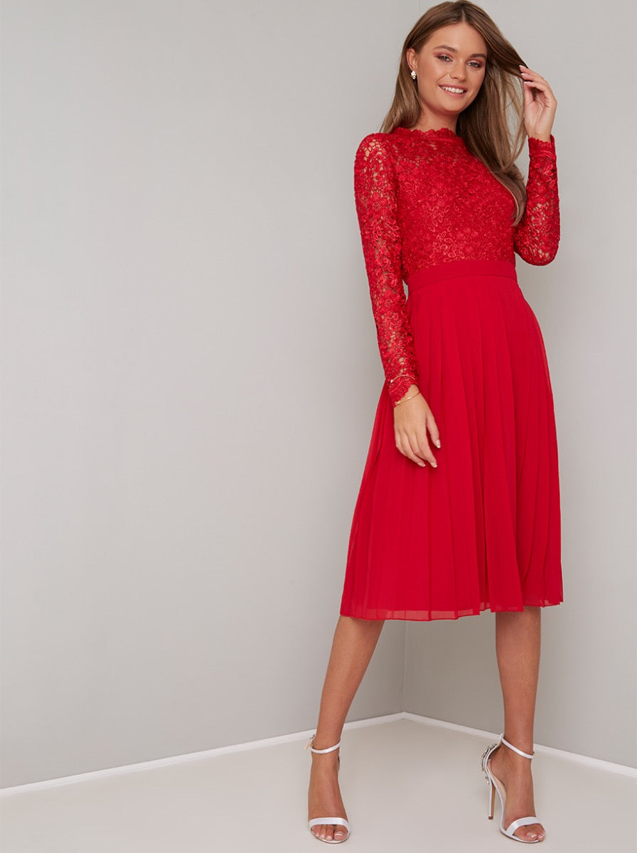 Lace Bodice Long Sleeve Midi Dress in ...